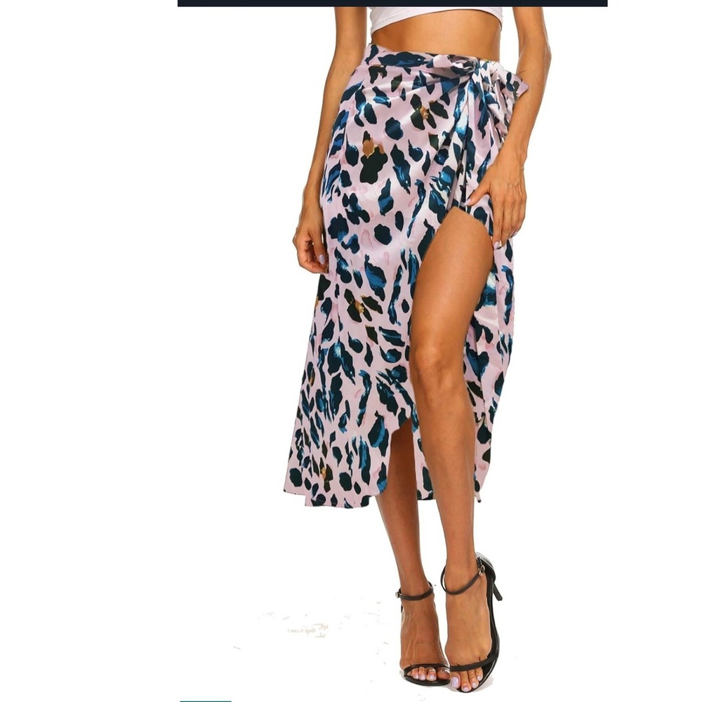 Pink Leopard Print Wrap Midi Skirt Blue Animal Print Side Tie High Slit Coverup